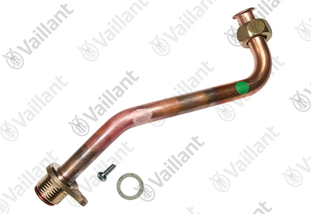 Kupfergasrohr von Vaillant mit einem gekrümmten Ende, einem Gewindeanschluss und weiteren Zubehörteilen.